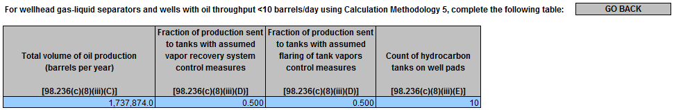 Image of reporting requirement for For wellhead gas-liquid separator with oil throughput less than 10 barrels per day, using Calculation Method 5